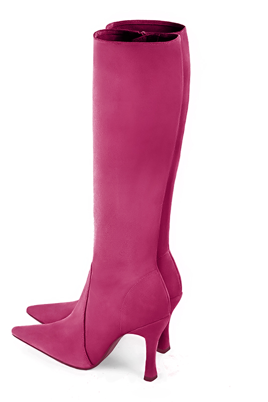 Fuschia pink women's feminine knee-high boots. Pointed toe. Very high spool heels. Made to measure. Rear view - Florence KOOIJMAN